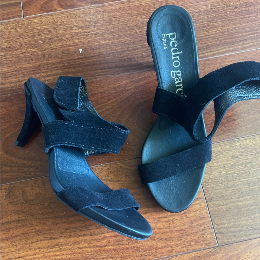Pedro Garcia West Leather Black Suede Velcro Strap Round Open Toe Heels 38